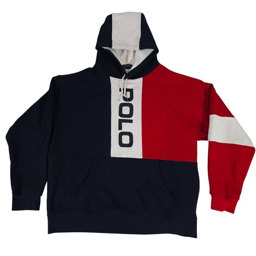 Ralph Lauren Polo Color Block Hoodie XL Cotton/Polyester Blend Red Navy White
